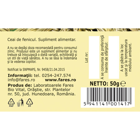 Ceai de fenicul D 123, 50 g, Fares 618044