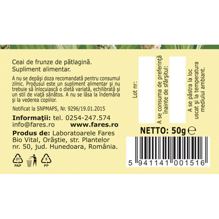 Ceai Patlagina frunze R41, 50 g, Fares 618122