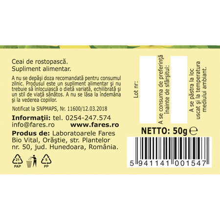 Ceai Rostopasca iarba D 130, 50 g, Fares 618153