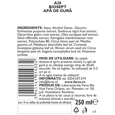 Biosept, A28, apa de gura, 250 ml, Fares 621080