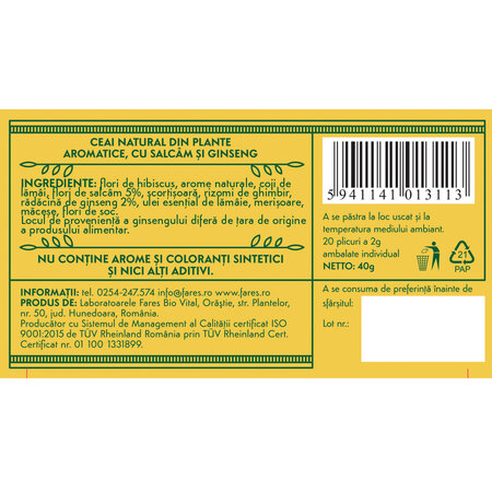 Ceai Salcam cu Ginseng Simtire, 20 plicuri, Fares 621142