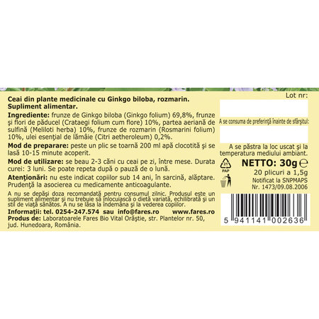 Ceai Circulatie Cerebrala, N131, 20 plicuri, Fares 623586