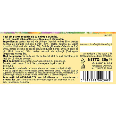 Ceai prostata G74, 20 plicuri, Fares 700796