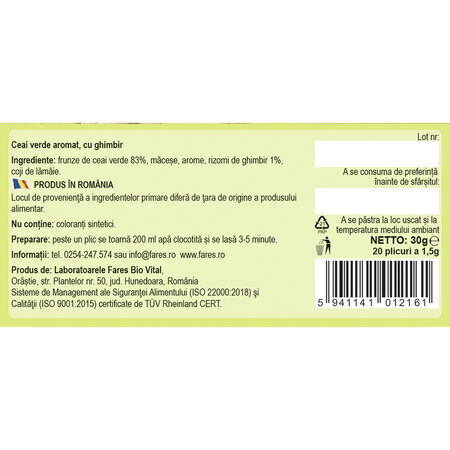 Ceai verde cu ghimbir, 20 plicuri, Fares 623879