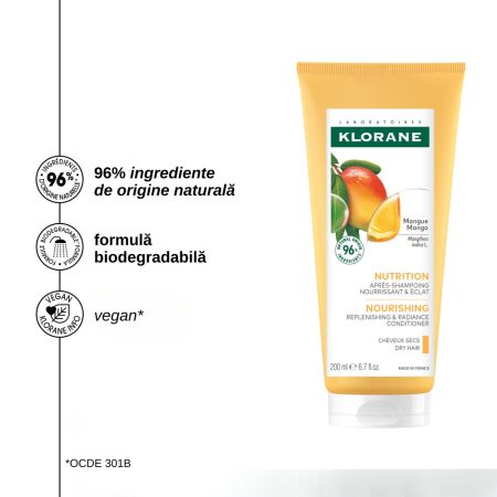 Balsam hranitor cu unt de mango pentru par uscat, 200 ml, Klorane 647012