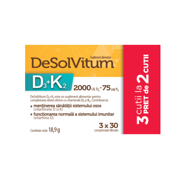 Pachet DeSolVitum D3+K2 2000UI D3 + 75µg K2, 30 comprimate filmate (3 la pret de 2), Aflofarm