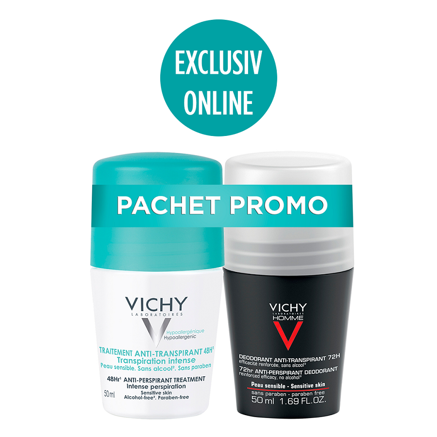 Pachet Deodorant roll-on antiperspirant cu parfum 48h, 50 ml + Deodorant roll-on antiperspirant pentru barbati 72h,50 ml, Vichy