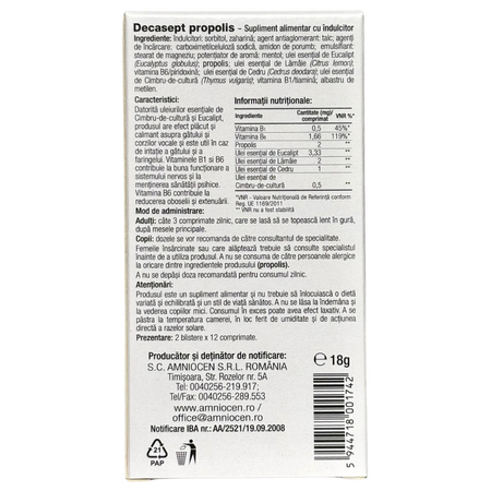 Decasept propolis, 24 comprimate, Amniocen 697705