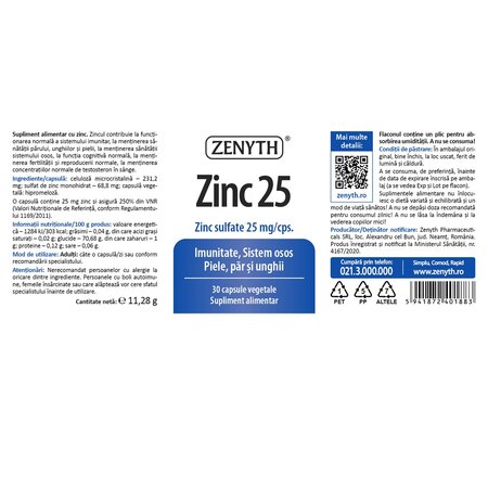 Zinc 25 sulfat de zinc, 25 mg, 30 capsule, Zenyth 702680