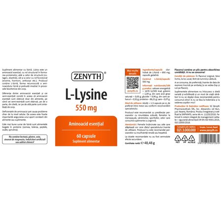 L-Lysine, 550 mg, 60 capsule, Zenyth 701599