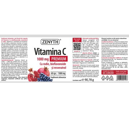 Vitamina C Premium, 1000 mg, 60 capsule, Zenyth 702647