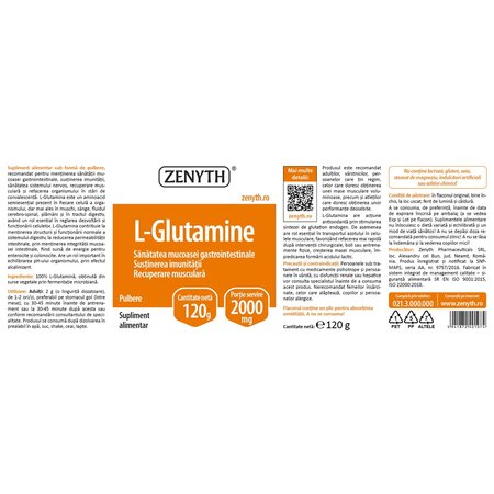 L-glutamina pulbere, 120 g, Zenyth 701593