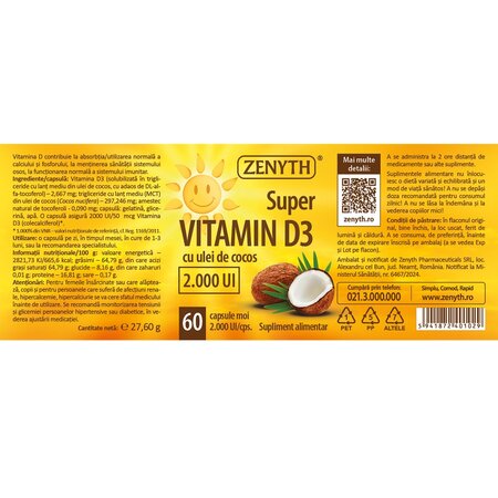 Super vitamina D3, 2.000UI, 60 capsule moi, Zenyth 702389