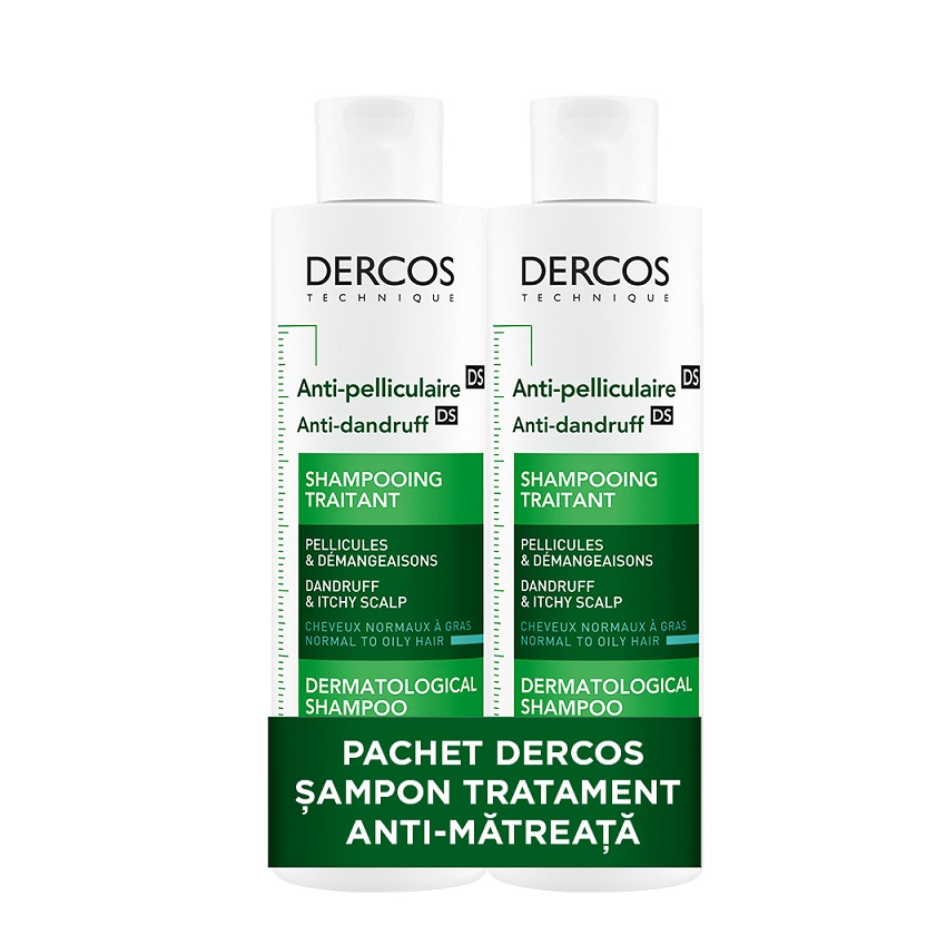 Pachet Sampon tratament anti-matreata pentru par normal-gras Dercos, 200 ml + 200 ml, Vichy