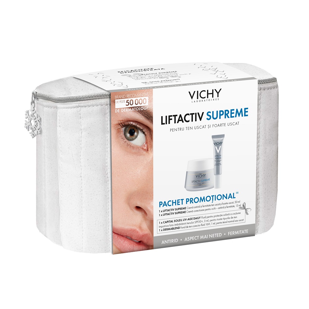 Pachet Crema antirid pentru ten uscat Liftactiv Supreme, 50 ml + Crema contur ochi Liftactiv Supreme, 15 ml, Vichy