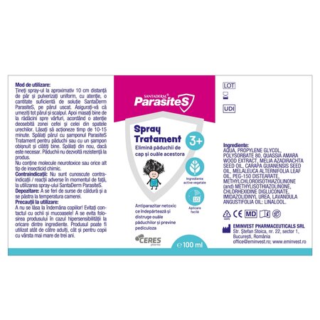 Spray tratament impotriva paduchilor Parasites Santaderm, 100 ml, Viva Pharma 741507