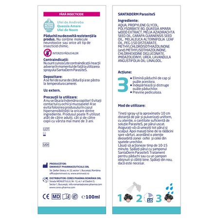 Spray tratament impotriva paduchilor Parasites Santaderm, 100 ml, Viva Pharma 741508