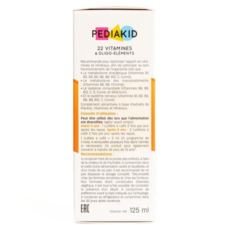 Sirop cu gust de portocale si caise 22 de vitamine si oligoelemente, 125 ml, Pediakid 721649