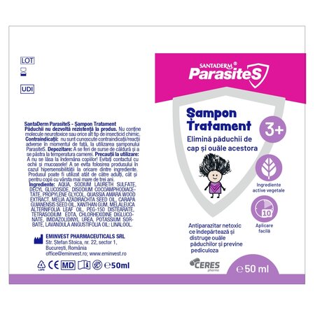 Sampon tratament impotriva paduchilor Parasites Santaderm, 50 ml, Viva Pharma 741322