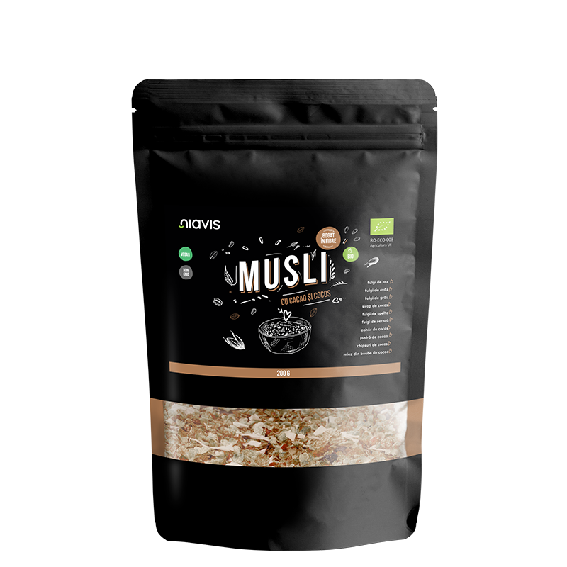 Musli bio cu cacao si cocos, 200 g, Niavis