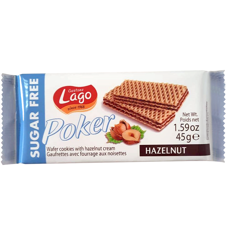 Napolitane crema de alune fara zahar, 45 g, Lago