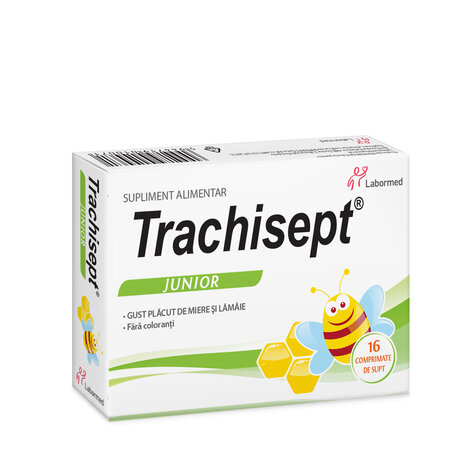 Trachisept Junior cu miere si lamaie, 16 comprimate, Labormed 617550