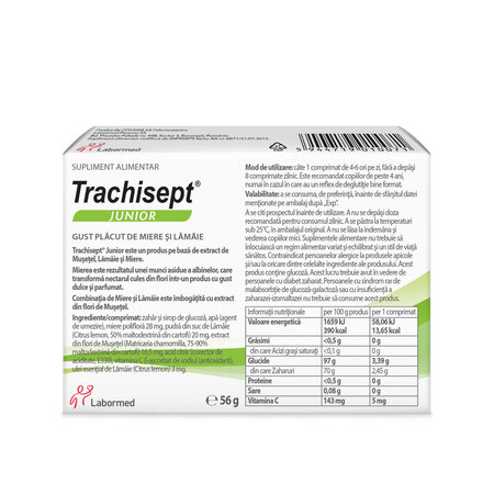 Trachisept Junior cu miere si lamaie, 16 comprimate, Labormed 617549