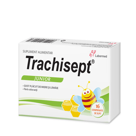 Trachisept Junior cu miere si lamaie, 16 comprimate, Labormed 617551