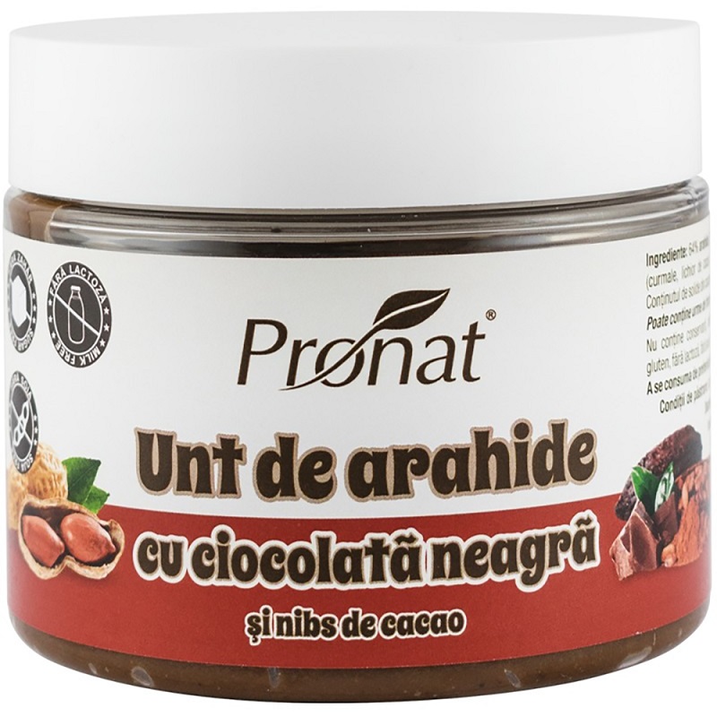 Crema de arahide cu ciocolata neagra si nibs de cacao, 300g, Pronat