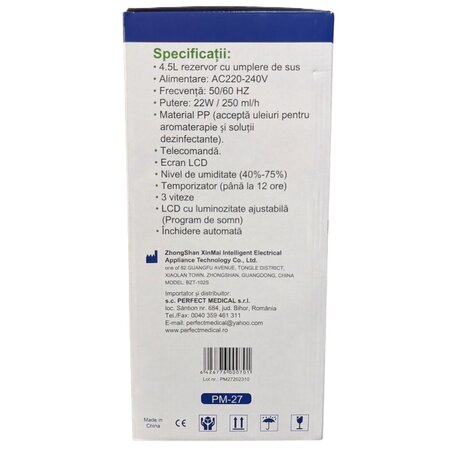 Umidificator de aer cu ultrasunete si aromaterapie PM27, Perfect Medical 724052