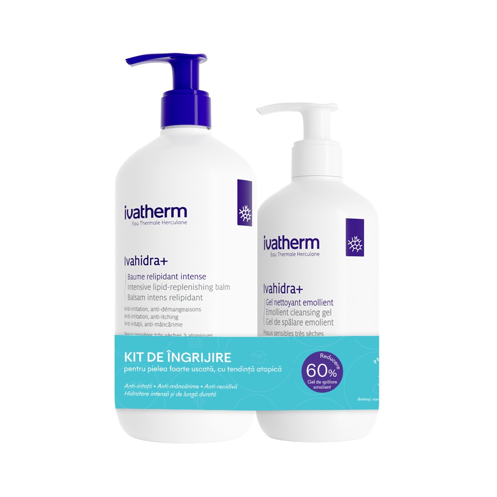 Kit Ivahidra+ Balsam intens relipidant, 400ml + Gel de spalare emolient, 250ml, Ivatherm