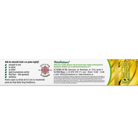 Pasta de dinti naturala pentru copii cu argila activa si banane Junior, 80 ml, Vivanatura 710189