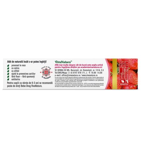 Pasta de dinti naturala pentru copii cu argila activa si capsuni Junior, 50 ml, Vivanatura 709699