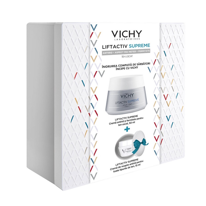 Pachet Crema pentru ten uscat Liftactiv Supreme, 50 ml + Crema de noapte Liftactiv Supreme, 15 ml, Vichy