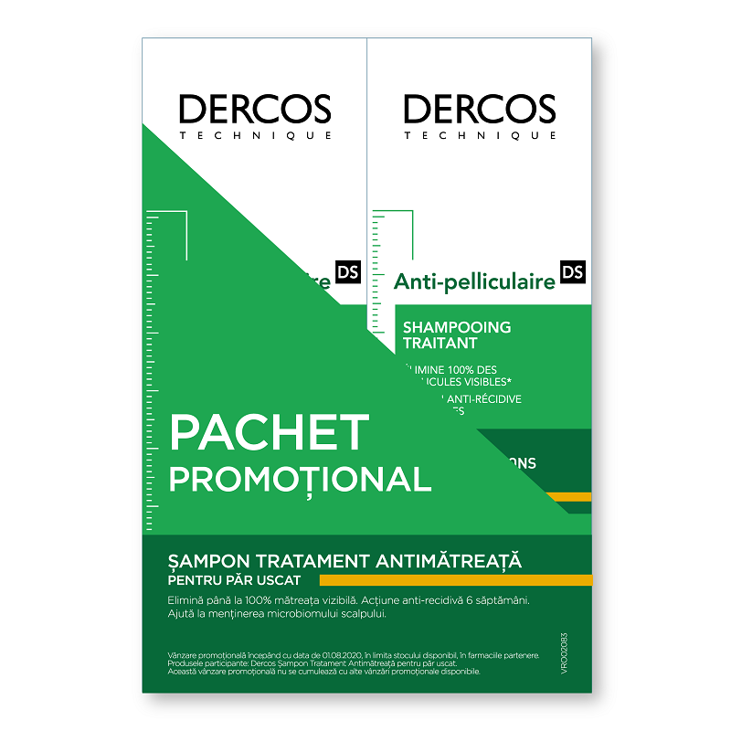 Pachet Sampon anti-matreata pentru par uscat Dercos, 200 ml + 200 ml, Vichy