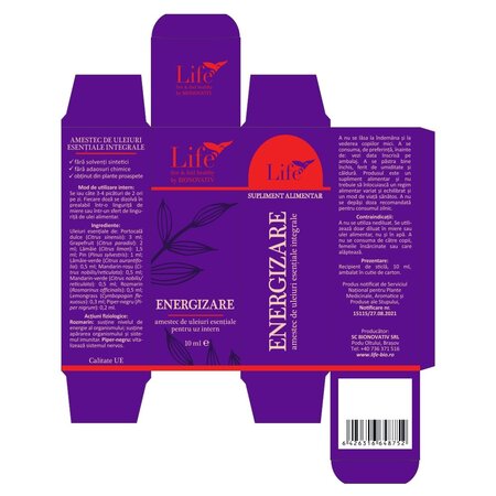 Amestec de uleiuri esentiale pentru uz intern Energizare Life, 10 ml, Bionovativ 709474
