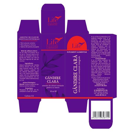 Amestec de uleiuri esentiale pentru uz intern Gandire Clara Life, 10 ml, Bionovativ 710031