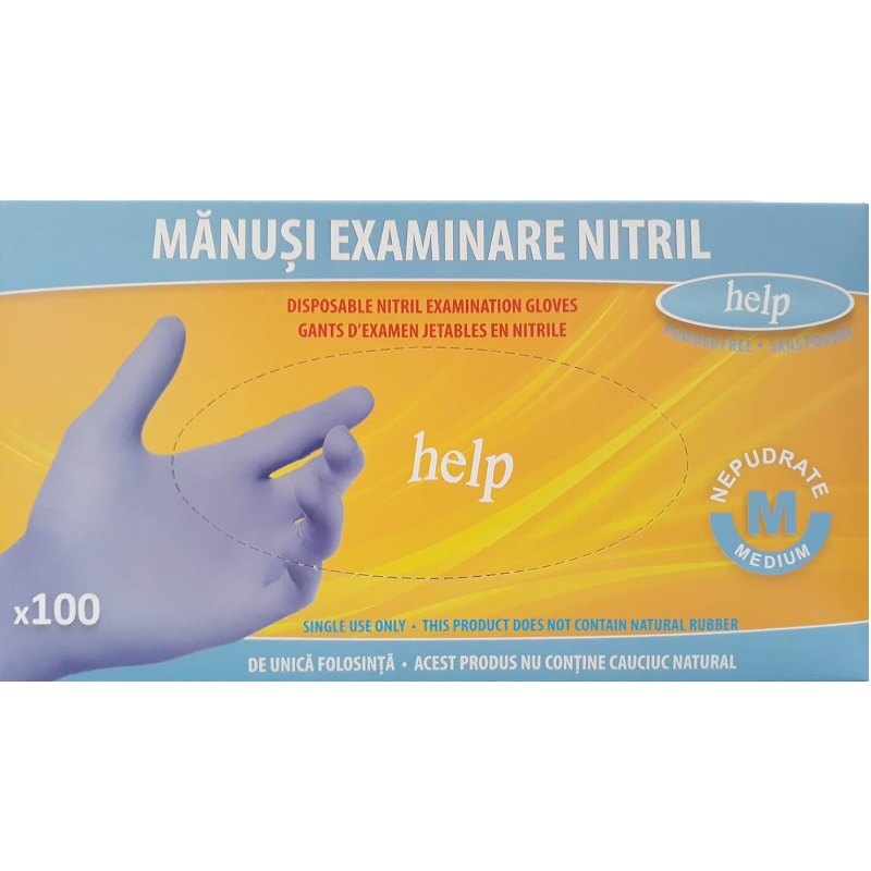 Manusi de examinare din nitril nepudrate, marimea M, 100 buc, Help