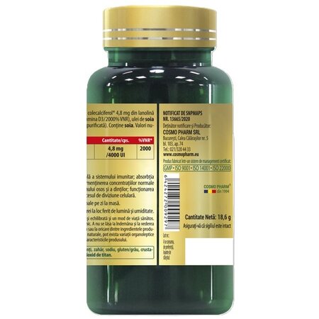 Vitamina D3, 4000 UI, 60 capsule moi, Cosmopharm 755376
