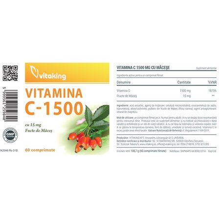 Vitamina C cu macese, 1500 mg, 60 tablete, Vitaking 713948