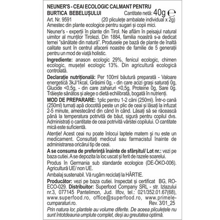 Ceai ecologic calmant pentru burtica bebelusului, 20 plicuri, Neuners 705000