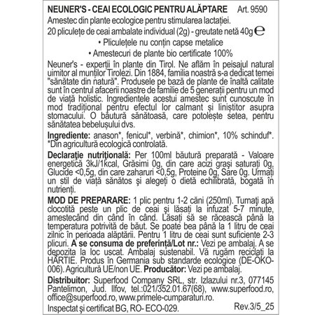 Ceai ecologic pentru alaptare Nursing Tea, 20 plicuri, Neuners 704995