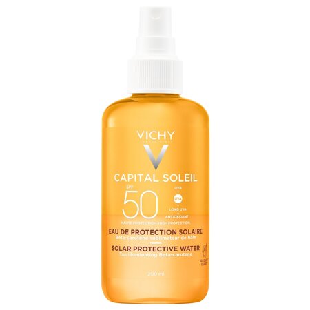 Apa cu protectie solara SPF 50 cu beta-caroten pentru fata si corp Capital Soleil, 200 ml, Vichy