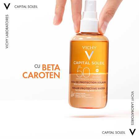 Apa cu protectie solara SPF 50 cu beta-caroten pentru fata si corp Capital Soleil, 200 ml, Vichy 550170
