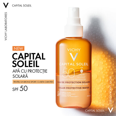 Apa cu protectie solara SPF 50 cu beta-caroten pentru fata si corp Capital Soleil, 200 ml, Vichy 550169