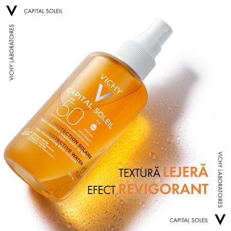 Apa cu protectie solara SPF 50 cu beta-caroten pentru fata si corp Capital Soleil, 200 ml, Vichy 550174