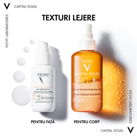 Apa cu protectie solara SPF 50 cu beta-caroten pentru fata si corp Capital Soleil, 200 ml, Vichy 550178