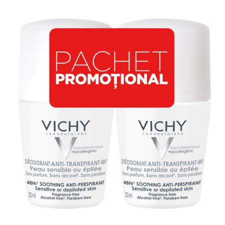 Pachet Deodorant roll-on antiperspirant fara parfum 48h, 50 ml + 50 ml, Vichy