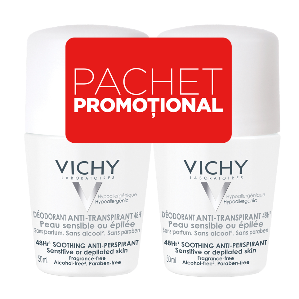 Pachet Deodorant roll-on antiperspirant fara parfum 48H, 50 ml + 50 ml, Vichy