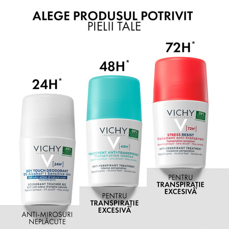 Pachet Deodorant roll-on tratament intensiv anti-transpirant Stress Resist 72H, 50 ml + 50 ml, Vichy 699327